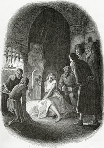 Výslech Esmeraldy - ilustrace z Notre Dame de Paris, 19. století (č. rytina)
