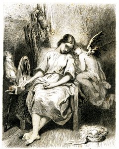 Mladá žena (přadlena) spí u kola - přes rameno se jí sklání anděl - spánek - sen - snění - láska - rytina (lept 1845), autor: Tony Johannot (Antoine Johannot dit od Tony Johannot