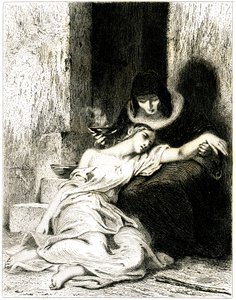 Mladá žena, která viditelně trpí (je nemocná) a klečí na kolenou starší ženy, která ji nutí vzít si lektvar (lék) - lept Tony Johannot (Antoine Johannot dit) od Tony Johannot