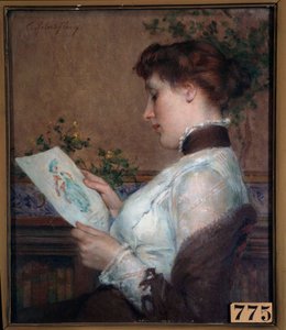Obrázek Žena obdivující kresbu. Obraz Tonyho Roberta Fleuryho (1837-1912) 19. století Orleans, Musee des Beaux Arts