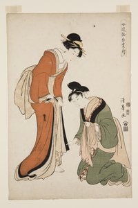 Příloha módních ženských dlouhých šatů (Onna f?zoku-ch? mo fuke) (barevný woodblock print) od Torii (Torii Kiyomitsu II) Kiyomine