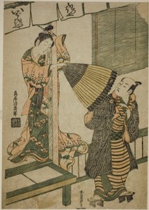 Kráska z Ibarakiya tahá muže za deštník - parodie na legendu Watanabe no Tsuna a démon Ibaraki od Torii Kiyohiro
