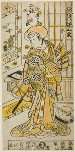 Herec Ogino Isaburo I ve dvou rolích, Tora a Soga no Juro, ve hře „Juhakko Imayo Soga“, vystupující v divadle Nakamura v prvním měsíci roku 1734 od Torii Kiyomasu II