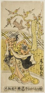 Herec Onoe Kikugoro I jako Tokiwa ve hře „Tonozukuri Genji Junidan“ hrál v divadle Ichimura v jedenáctém měsíci roku 1744 od Torii Kiyomasu II