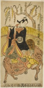Herec Sanogawa Ichimatsu I jako Kumenosuke ve hře „Na no Hana Akebono Soga“, vystupující v divadle Nakamura ve druhém měsíci roku 1741 od Torii Kiyomasu II