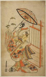 Herec Sanogawa Mangiku I jako Sanada, dcera přadleny Itoyi, ve hře „Hiragana Yomeiri Izu Nikki“, hrál v divadle Nakamura v jedenáctém měsíci, 1718 od Torii Kiyomasu II