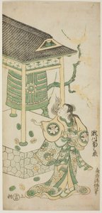 Herec Segawa Kikunojo I jako Katakai ve hře „Mugen no Kane Omoi no Akatsuki“, hrál v divadle Nakamura ve třetím měsíci roku 1746 od Torii Kiyomasu II