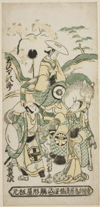 Herci Tamazawa Saijiro I jako Ushiwakamaru, Segawa Kikunojo I jako Oroku a Otani Oniji I jako Matano Goro ve hře „Sazareishi Suehiro Genji“, hráli v divadle Nakamura v prvním měsíci roku 1744 od Torii Kiyomasu II