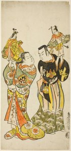 Herci Yamashita Kinsaku I a Hayakawa Hatsuse jako loutkáři ve hře „Deník vedený na cestě po moři do Izu“ („Funadama Izu Nikki“), uvedené v divadle Nakamura v prvním měsíci roku 1725 od Torii Kiyomasu II