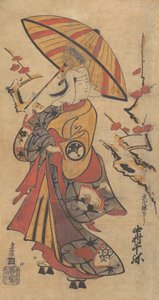 Herec Nakamura Senya jako Tokonatsu ve hře Kabuki, The Legacy of the Three-Comma F..., ca. 1716.