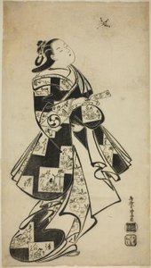 Herec Nakamura Gentaro jako žena hrající bitevníku a pérák od Torii Kiyomasu I