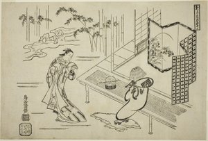 Herci Nakamura Takesaburo I jako Kewaizaka no Shosho a Ichikawa Danjuro II jako Soga no Goro v kostýmech komuso ve hře "Bando Ichi Kotobuki Soga", která se hrála v divadle Nakamura v prvním měsíci. od Torii Kiyomasu I