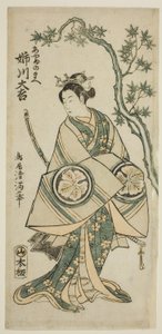 Herec Anegawa Daikichi jako Ayame no Mae ve hře "Miyo no Hana Yunzei Kagami", která se hrála v divadle Morita jedenáctého měsíce roku 1760.