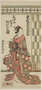 Herec Arashi Sankatsu jako Kanamuraya Osan ve hře "Soga Hiiki Nihon Sakura", která se hrála v divadle Nakamura ve třetím měsíci roku 1762.