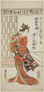 Herec Hanagawa Ičinódžó jako Akane Gozen ve hře "Okunizome Shusse Butai", která se hrála v divadle Ičimura jedenáctého měsíce roku 1759.