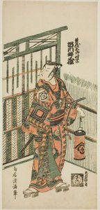 Herec Ičikawa Masuzo I. jako Soga no Goro ve hře "Tokitsukaze Irifune Soga", která se hrála v divadle Nakamura v prvním měsíci roku 1758.