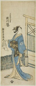Herec Segawa Sendžó (Kikunojo III) jako manželka Amakawayi Giheiho ve hře "Kanadehon Chushingura", která se hrála v divadle Nakamura v pátém měsíci roku 1776.
