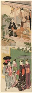 Prodavač fanouška procházející pod balkónem od Torii Kiyonaga