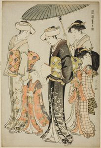 Dívka a čtyři sluhové, ze série "Brokád východních mravů (Fuzoku Azuma no nishiki)" od Torii Kiyonaga