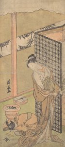 Oiran v nočním oblečení, pauza, s jednou rukou na obrazovce, která obklopuje její postel,..., ca. 1770. od Torii Kiyonaga