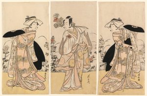 Bando Mitsugoro II jako Tennen no Mansaku-kitsune a Ichikawa Monnosuke III jako Nikaido Shinanonosuke a Iwai Hanshiro IV jako Okura no Kojoro-kitsune ve scéně z dramatu Moto Mishi Yuki Sakae Hachi-no-ki (Nidaime Bando Mitsugoro no Tennen od Torii Kiyonaga