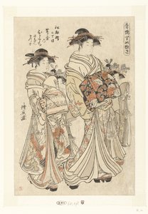 Courtisane Hitomachi uit het Tsutaya huis met haar kamuro Sanae en Matsuyo Edocho nichome Tsutaya uchi Hitomachi Sanae Matsuyo (titul na objektu) Belangrijke personen uit de lusthuizen (název série) Seiro Satomenuki (titul na objektu) od Torii Kiyonaga