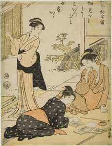 Objevování adresy manželovy milenky, z cyklu "Sbírka humorných básní (Haifu yanagidaru)" od Torii Kiyonaga