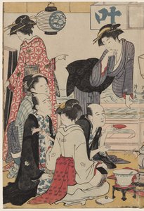 Zábava na balkóně u vody v Nakasu, ze série, Sbírka krásných moderních žen z Pleasure Quarters od Torii Kiyonaga