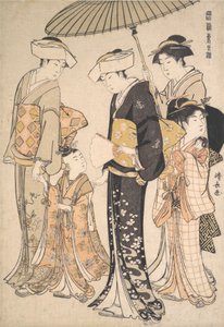 Vysoce postavená samurajská dívka se čtyřmi průvodci, ze série Brocade of Eastern M..., ca. 1784. od Torii Kiyonaga