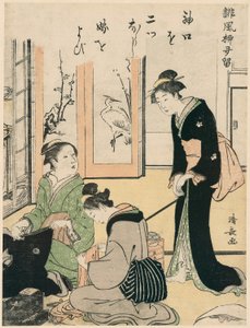 Tchýně škádlení nevěsty, ze série Sbírka humorných básní, kolem 1785 (barevný dřevotisk; chuban) od Torii Kiyonaga