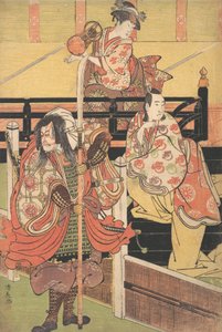 Na balkóně sedí žena a hraje na tsuzumi, pod mužem v kostýmu Daimyo je moře..., ca. 1790. od Torii Kiyonaga