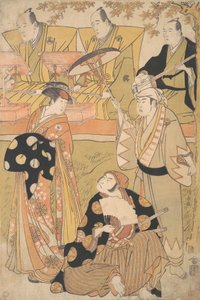 Onoe Matsusuke I jako Oiran stojí vlevo a mluví s Nakamurou Nakazo I jako Sam..., ca. 1788. od Torii Kiyonaga