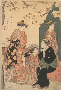 Portrét kurtizány Nioteru z Ogiya, s jejími dvěma sluhami Namiji a Ao-..., ca. 1785.