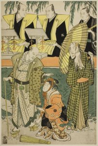 Herci Bando Matakuro IV jako Chubei, Osagawa Tsuneyo II jako Umegawa a Nakamura Katsugoro jako Magoemon ve hře „Keisei Koibikyaku“ od Torii Kiyonaga