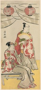 Herci Ichikawa Monnosuke II a Segawa Kikunojo III, z pentaptychu jedenácti herců oslavujících festival svatyně bratří Soga od Torii Kiyonaga