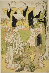 Herci Ichikawa Monnosuke II jako Munesada, Segawa Kikunojo III jako kurtizána Sumizome a Nakamura Nakazo I jako Sekibei ve hře „Tsumoru Koi Yuki no Seki no To“, hráli v divadle Kiri v jedenáctém měsíci, 1784. od Torii Kiyonaga