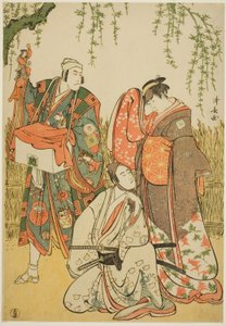 Herci Ichikawa Yaozo III jako Shiragiku, Ichikawa Danjuro V jako loutkář Dekurokubei a Sawamura Sojuro III jako Soga no Juro v joruri „Shinobukoi Yanagi no Katsura Otoko“ vystoupili v divadle Nakamura v prvním měsíci, 1785 od Torii Kiyonaga