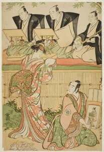 Herci Matsumoto Koshiro IV jako Ukita Sakingo a Sawamura Sojuro III jako duch kurtizány Takao ve hře „Ominaeshi Sugata no Hatsuaki“, uvedené v divadle Nakamura, 1788 od Torii Kiyonaga
