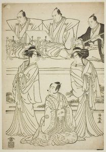 Herci Segawa Kikunojo III jako duch Yatsuhashi, Sawamura Sojuro III jako Soga no Juro a Ichikawa Danjuro V jako duch Seigen ve hře „Sono Omokage Matsu ni Sakura“, která byla uvedena v divadle Nakamura v prvním měsíci, 1783 od Torii Kiyonaga