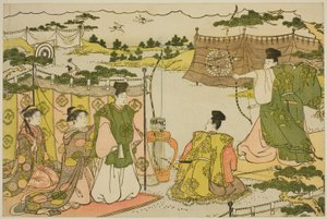 První cvičení lukostřelby nového roku (Yumi hajime), z ilustrované knihy "Barvy trojitého úsvitu (Saishiki mitsu no asa)" od Torii Kiyonaga