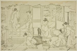 První koupel nového roku (Yudono hajime), z ilustrované knihy "Barvy trojitého úsvitu (Saishiki mitsu no asa)" od Torii Kiyonaga