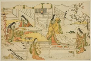 První kaligrafie nového roku (Kissho hajime), z ilustrované knihy "Barvy trojitého úsvitu (Saishiki mitsu no asa)" od Torii Kiyonaga