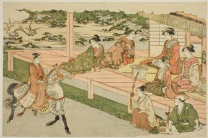 První jízda na koni nového roku (Uma norizome), z ilustrované knihy "Barvy trojitého úsvitu (Saishiki mitsu no asa)" od Torii Kiyonaga