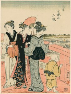 Sledování vodního festivalu z mostu Azuma, ze série „Osm okrsků chrámu Kinryuzan v Asakusa (Asakusa Kinruzan hakkei)“ od Torii Kiyonaga