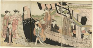 Ženy připlouvající na břeh z výletní lodi na řece Sumida od Torii Kiyonaga