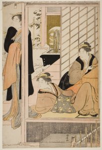 Ženy si prohlížejí zasněženou zahradu ze salonu od Torii Kiyonaga