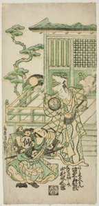 Herci Bando Hikosaburo I jako Araki Shozaemon a Nakamura Sukegoro I jako Daidoji Tahatanosuke ve hře „Chigozakura Futabajikki“, uvedené v divadle Ichimura v desátém měsíci, 1746