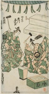 Herci Fujikawa Heikuro jako Masamune a Matsushima Kichisaburo jako Rai Kunitsugu ve hře „Shin Usuyuki Monogatari“, hráli v divadle Nakamura v šestém měsíci, 1746 od Torii Kiyonobu II