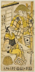 Herci Ichikawa Danjuro II jako Onio Shinzaemon a Ichikawa Masugoro jako Soga no Goro ve hře „Furiwake-gami Hatsugai Soga“, hráli v divadle Ichimura v prvním měsíci roku 1735