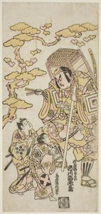 Herci Ichikawa Ebizo II jako Musashibo Benkei, Sakata Shintaro (?) jako Soga no Goro a Takigawa Kinya (?) jako Soga no Juro ve hře „Sazareishi Suehiro Genji“ vystoupili v divadle Nakamura v prvním měsíci roku 1744 od Torii Kiyonobu II